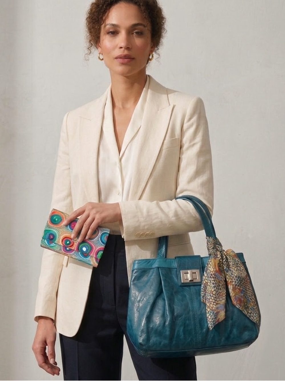Italian Leather Teal Tote Bag Valentina Wallet Cheetah Scarf Quiet Luxury Set